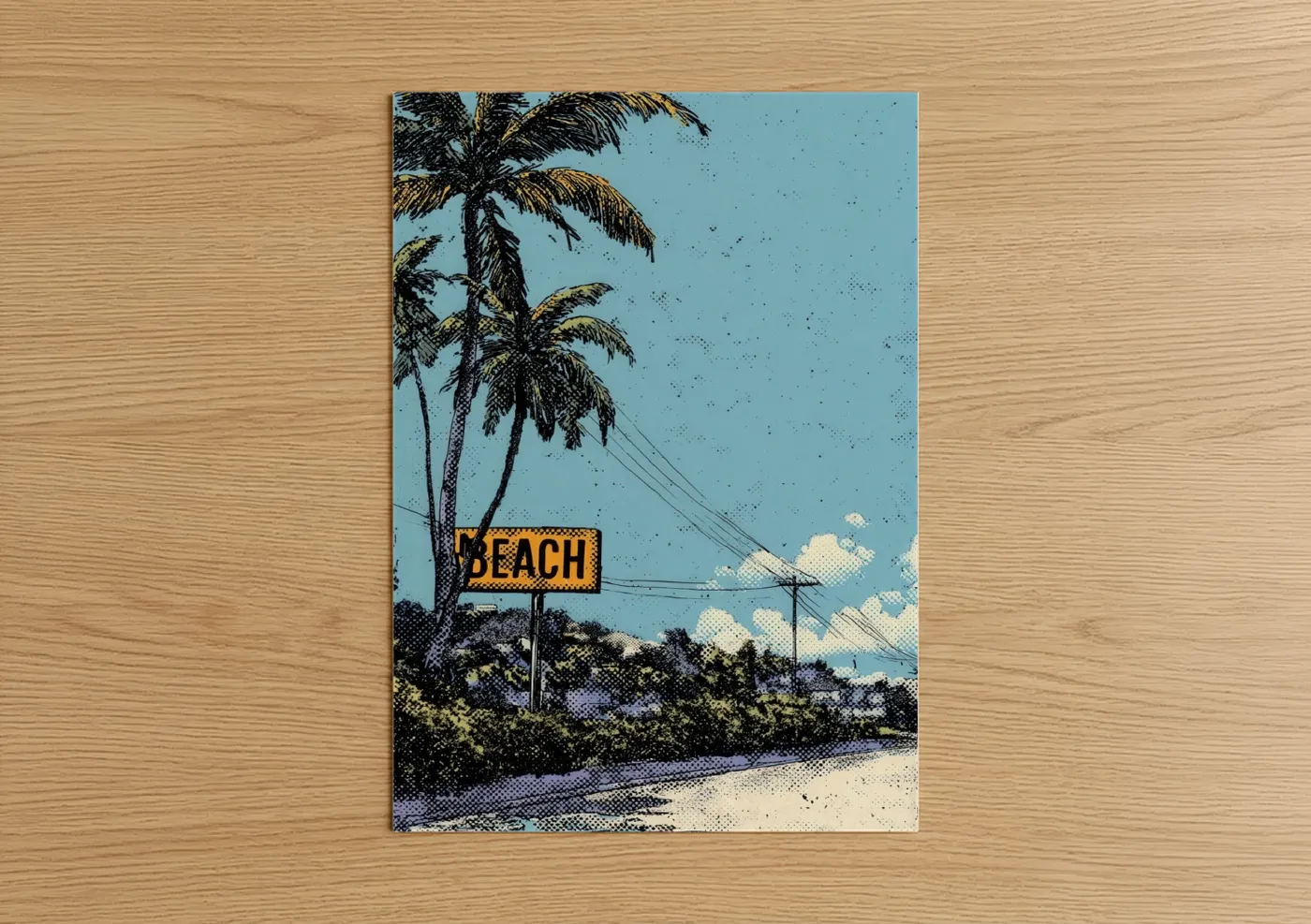 Art print on warm oak wood — blue and gold palette — Retro Beach Town poster