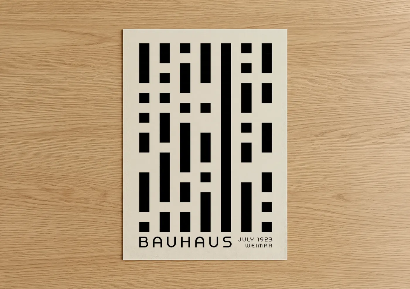 Abstract geometric art print on warm oak wood — black and cream palette — Bauhaus Geometric poster