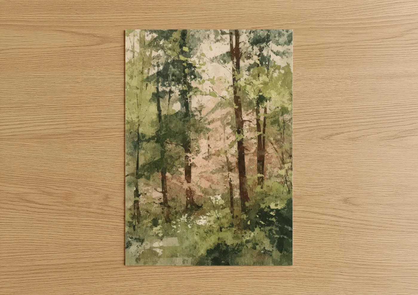 Art print on warm oak wood — sage green and cream palette — Misty Cedar Forest poster
