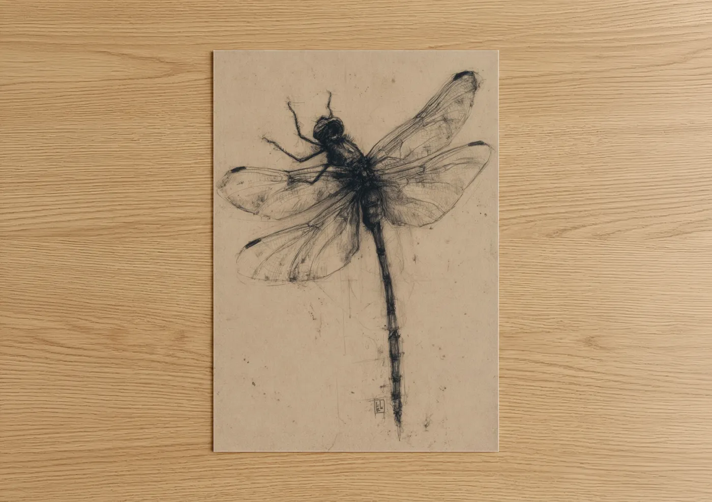 Art print on warm oak wood — black and white and beige palette — Delicate Dragonfly poster