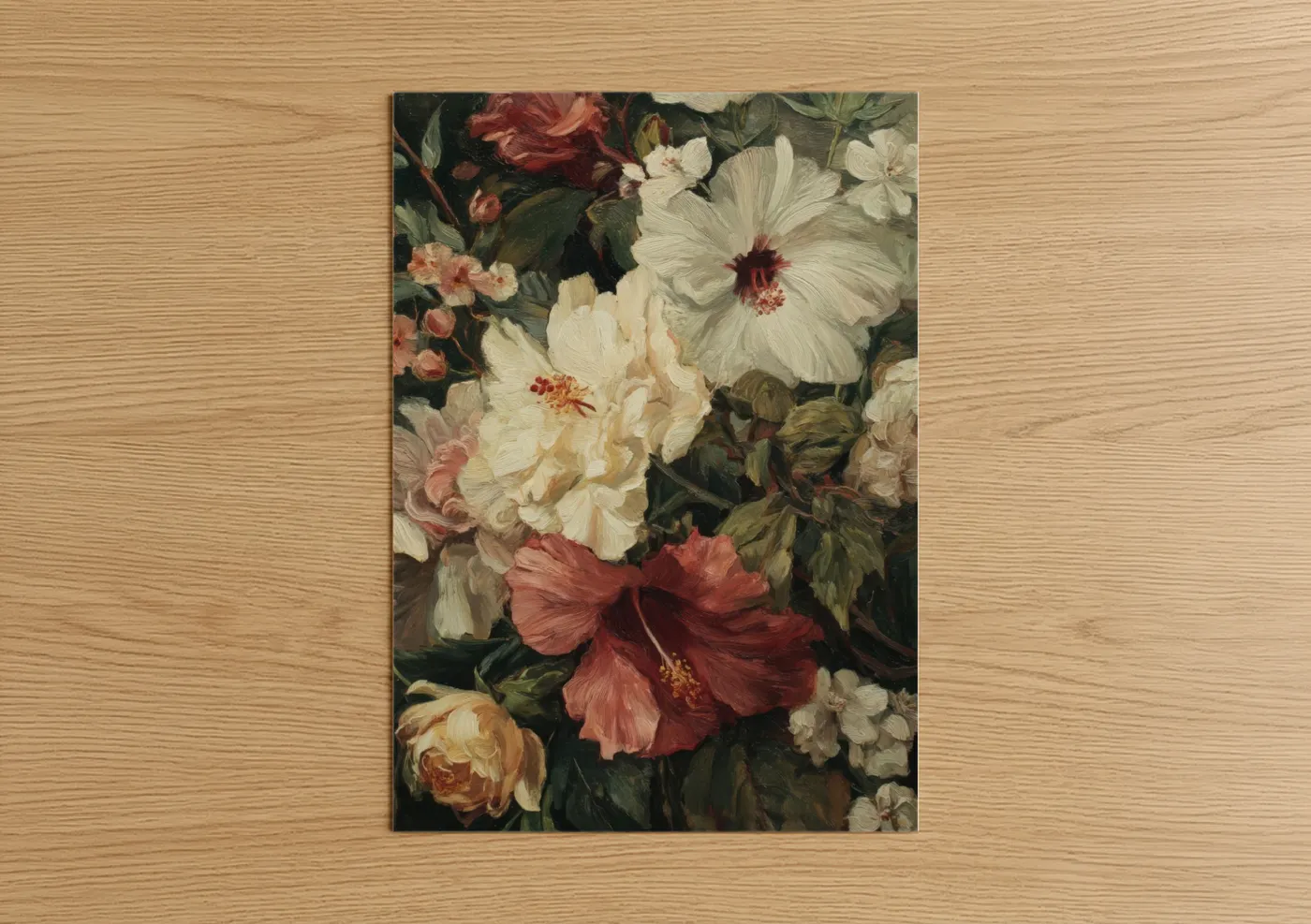 Art print on warm oak wood — cream and maroon palette — Garden Hibiscus Medley poster