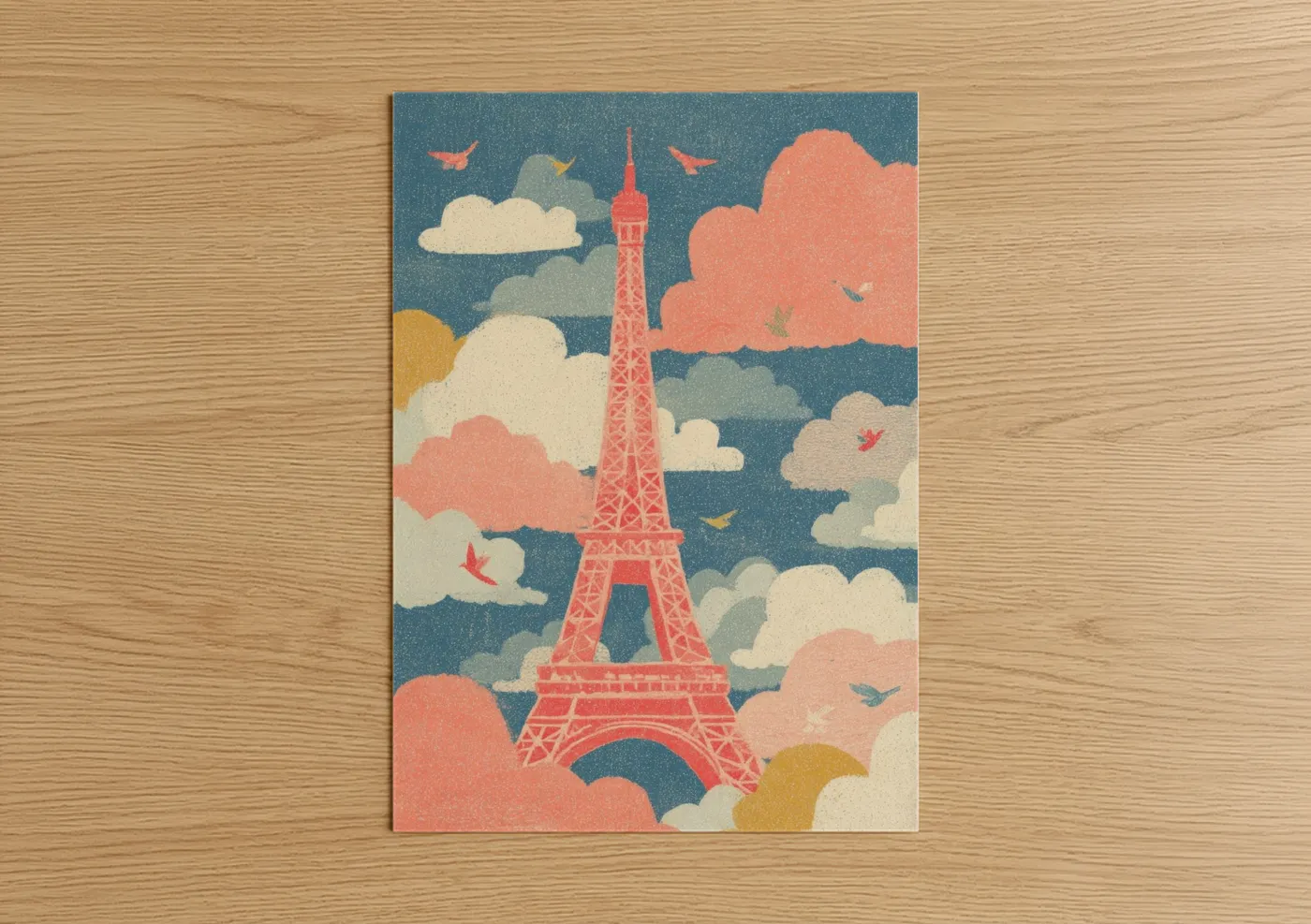 Coral Eiffel Tower Clouds Vintage Wall Art