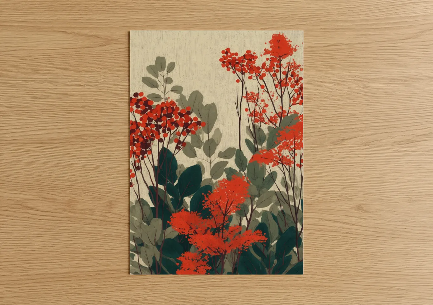 Juniper tree art print on warm oak wood — red and sage green palette — Crimson Juniper poster