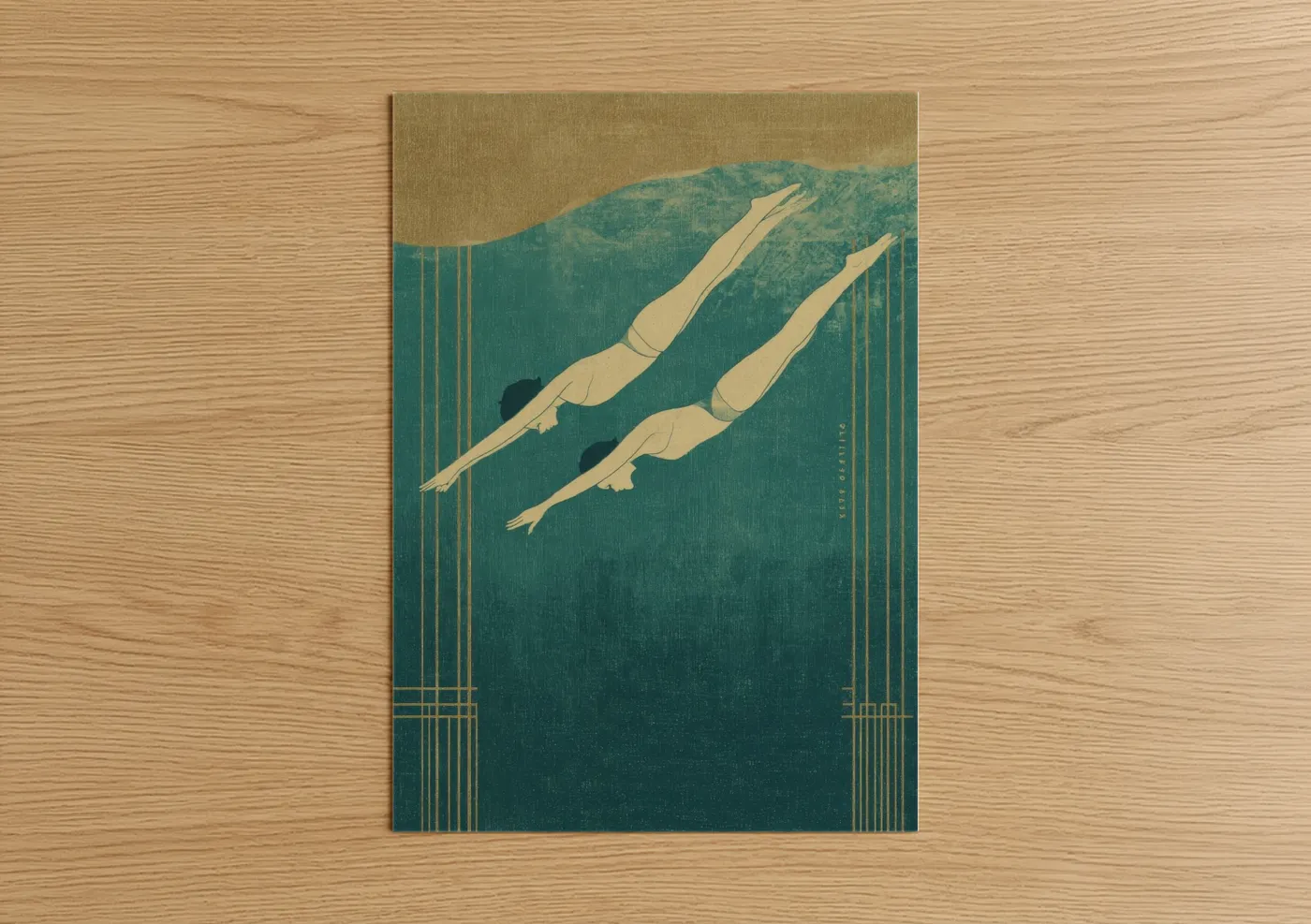 Synchronized swimming art print on warm oak wood — teal and gold palette — Synchronized Swimmers poster
