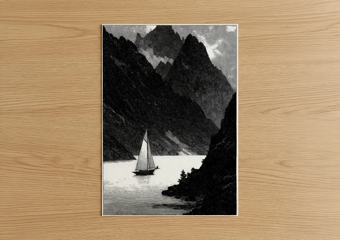 Sailboat Mountain Fjord Engraving Wall Art