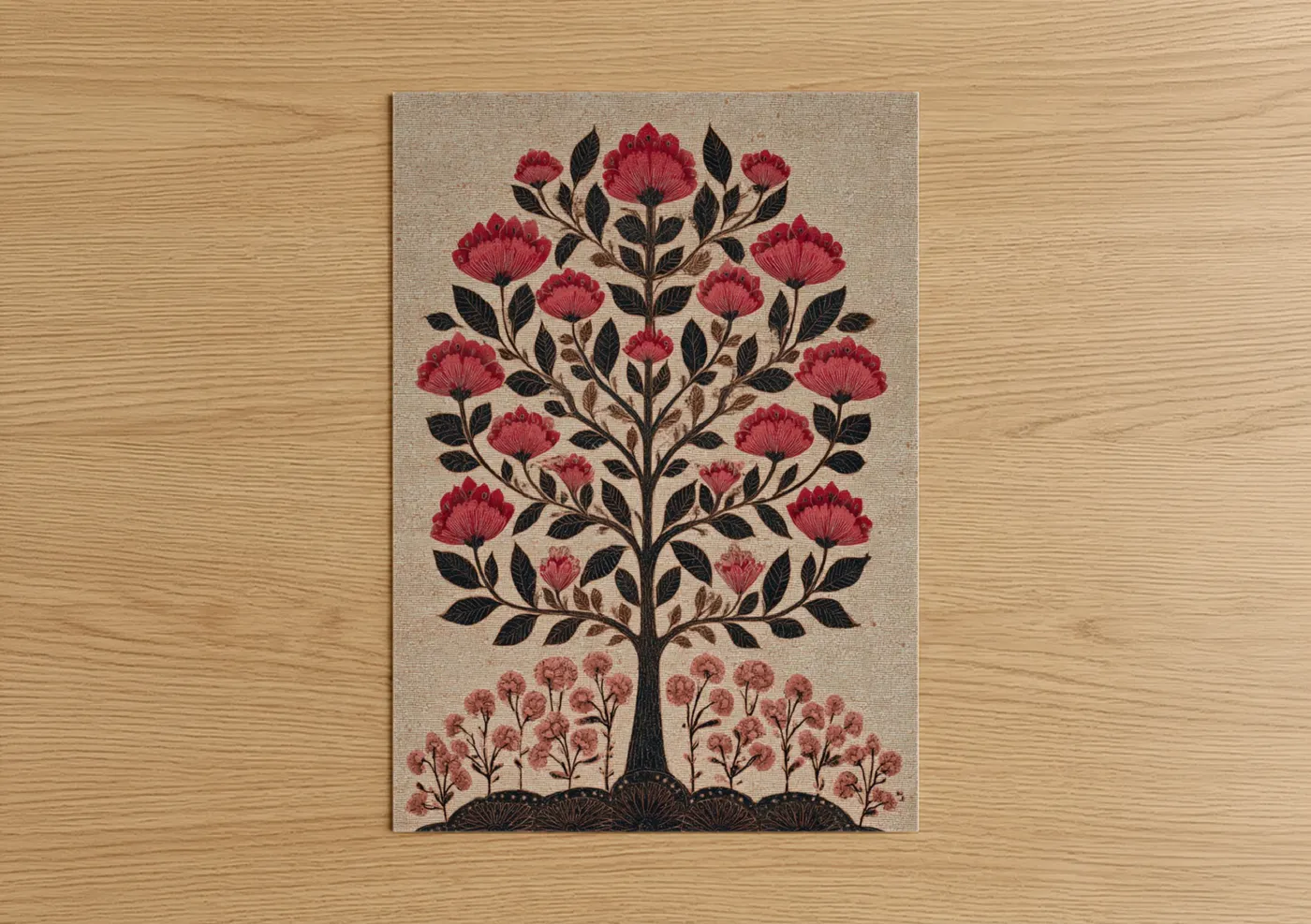 Crimson Flowering Tree Abstract Botanical Wall Art