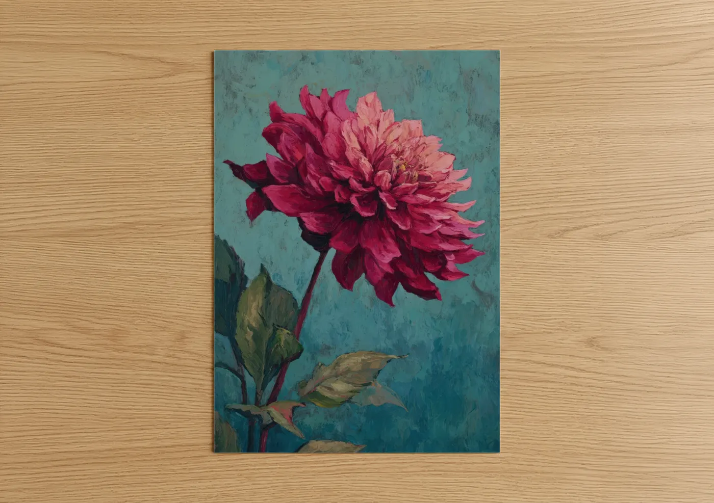 Art print on warm oak wood — magenta and teal palette — Crimson Dahlia poster