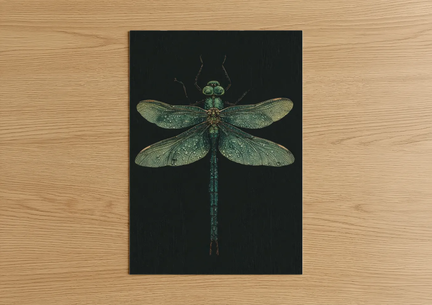 Art print on warm oak wood — dark green and sage green palette — Emerald Dragonfly poster