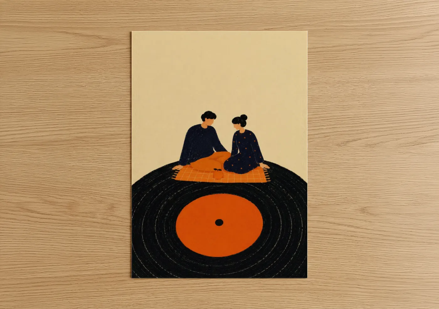 Art print on warm oak wood — orange and beige palette — Couple Playing Board Game Wall Art poster