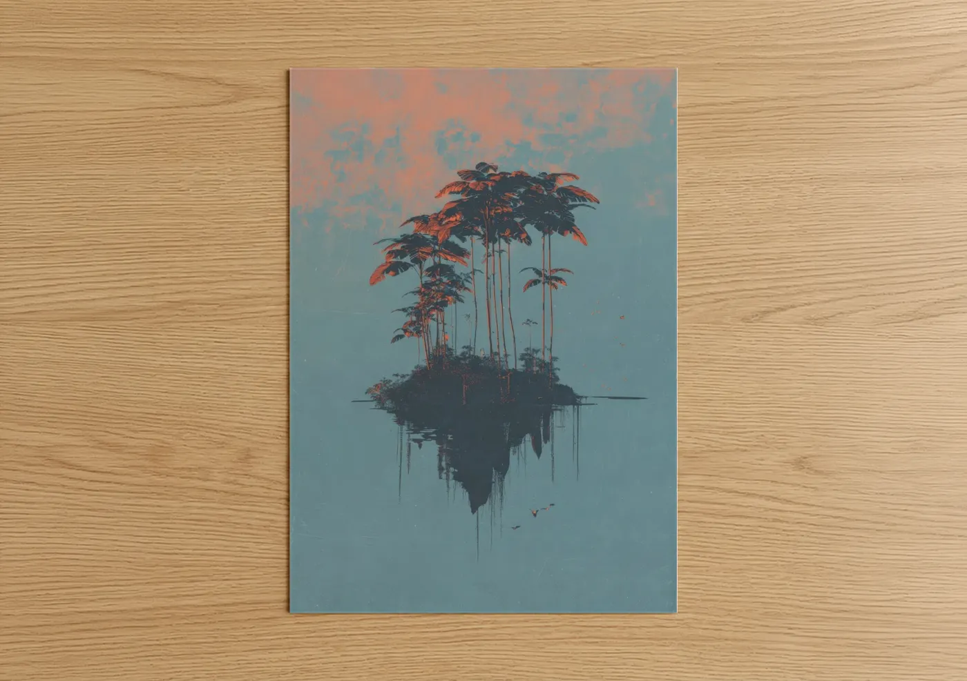 Tropical trees art print on warm oak wood — teal palette — Floating Island Palms poster