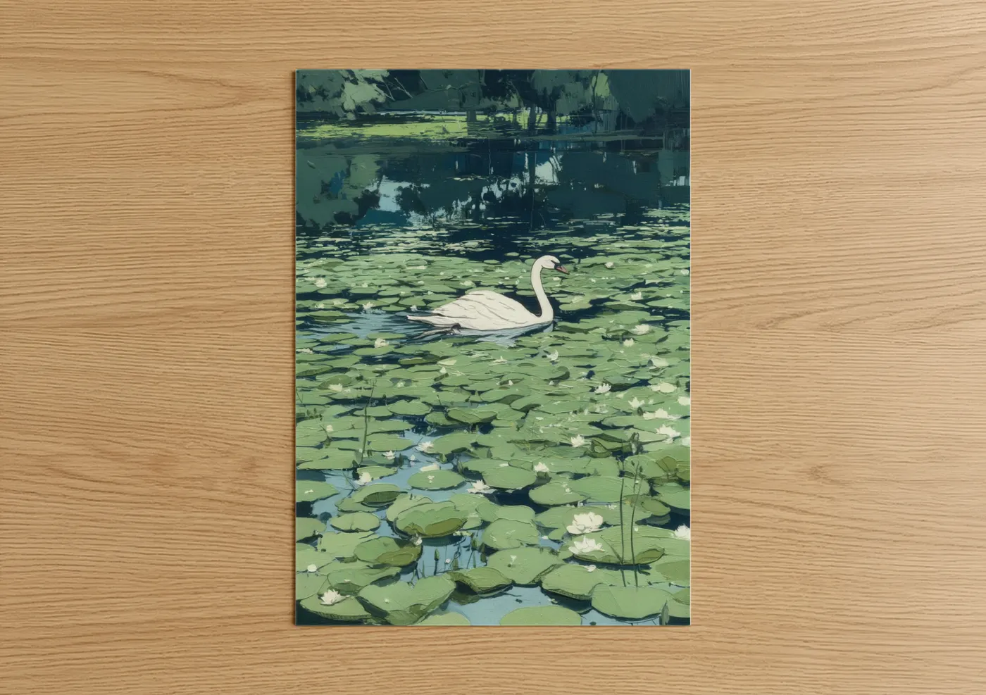 Art print on warm oak wood — light green and blue and white palette — Lily Pad Swan poster