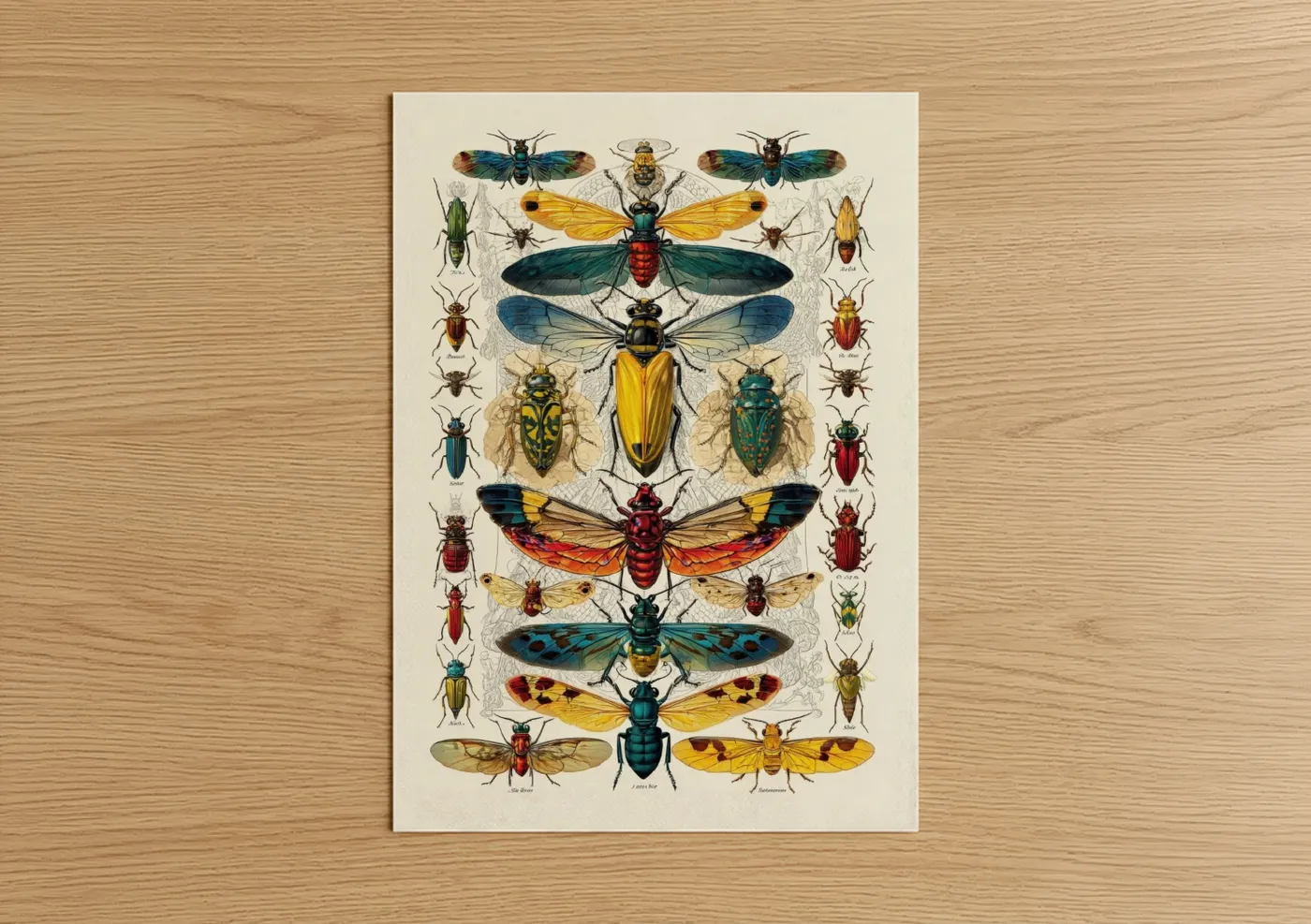 Wasp art print on warm oak wood — gold and teal palette — Entomological Collection poster