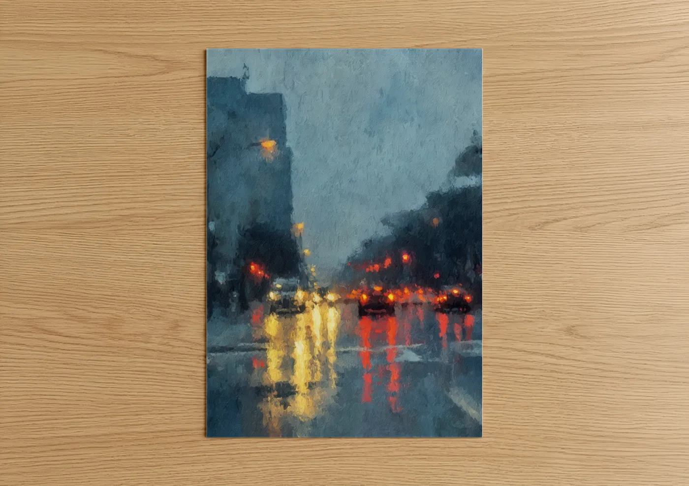 Rainy City Street with Traffic Lights Wall Art