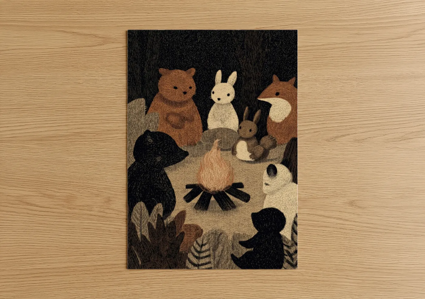 Fairytale art print on warm oak wood — black and white and brown palette — Woodland Campfire Gathering poster