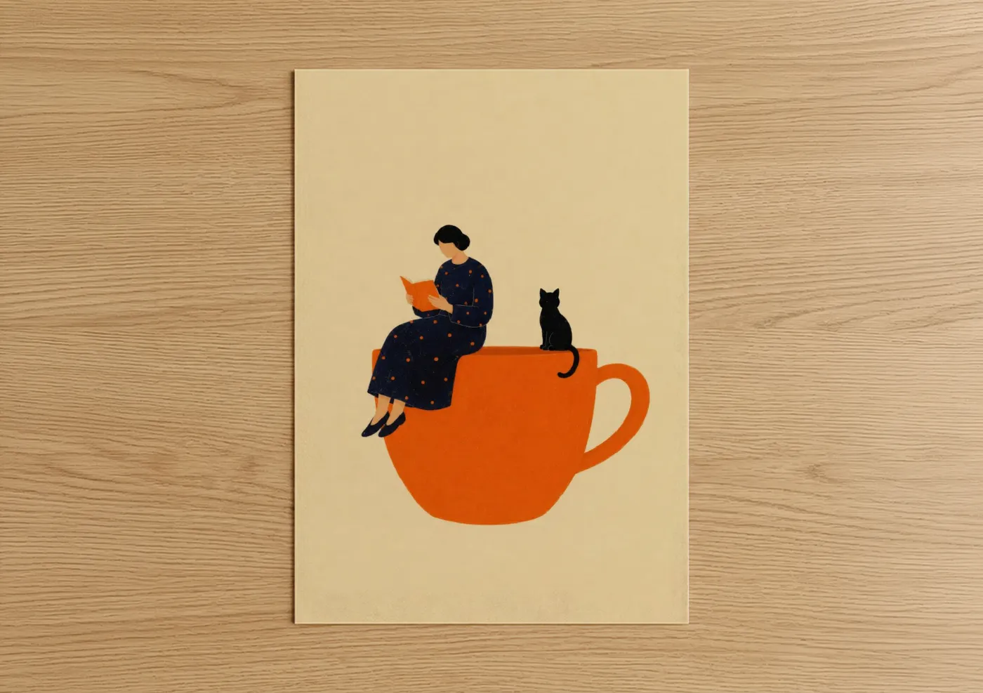 Art print on warm oak wood — orange and beige palette — Woman Reading With Cat On Coffee Cup Wall Art poster