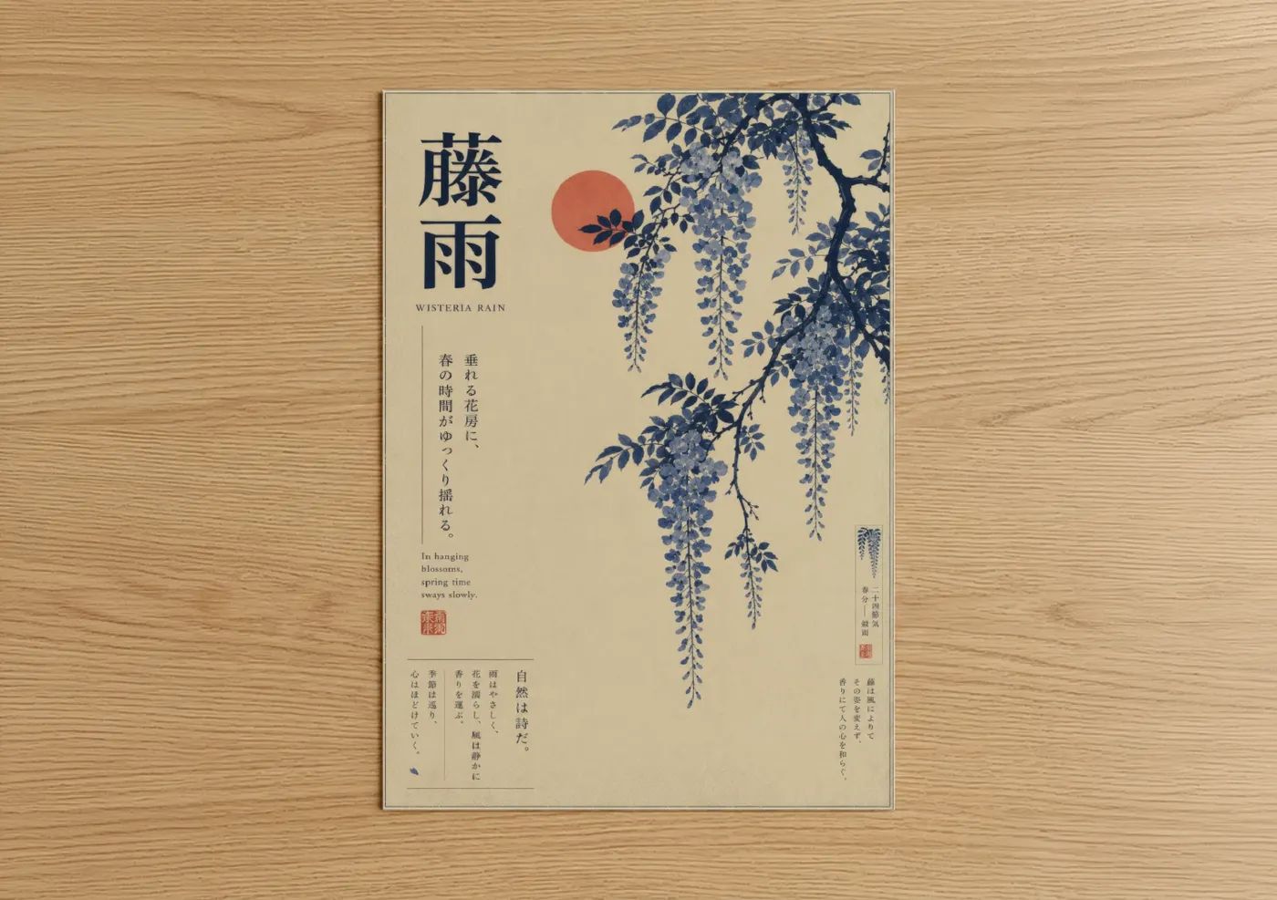 Art print on warm oak wood — blue and beige palette — Japanese Wisteria Rain Botanical Wall Art poster