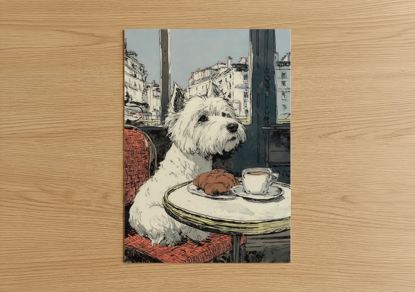 White Terrier Cafe Paris Illustration Wall Art