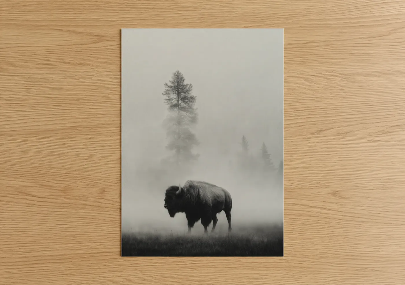 Art print on warm oak wood — black and white and gray palette — Misty Bison poster