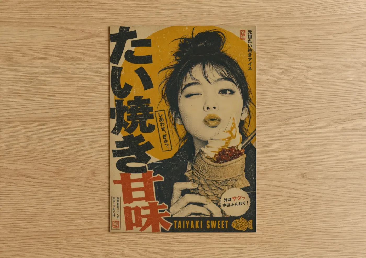 Fashion illustration art print on warm oak wood — yellow gold and beige palette — Vintage Japanese Fashion Poster Wall Art poster
