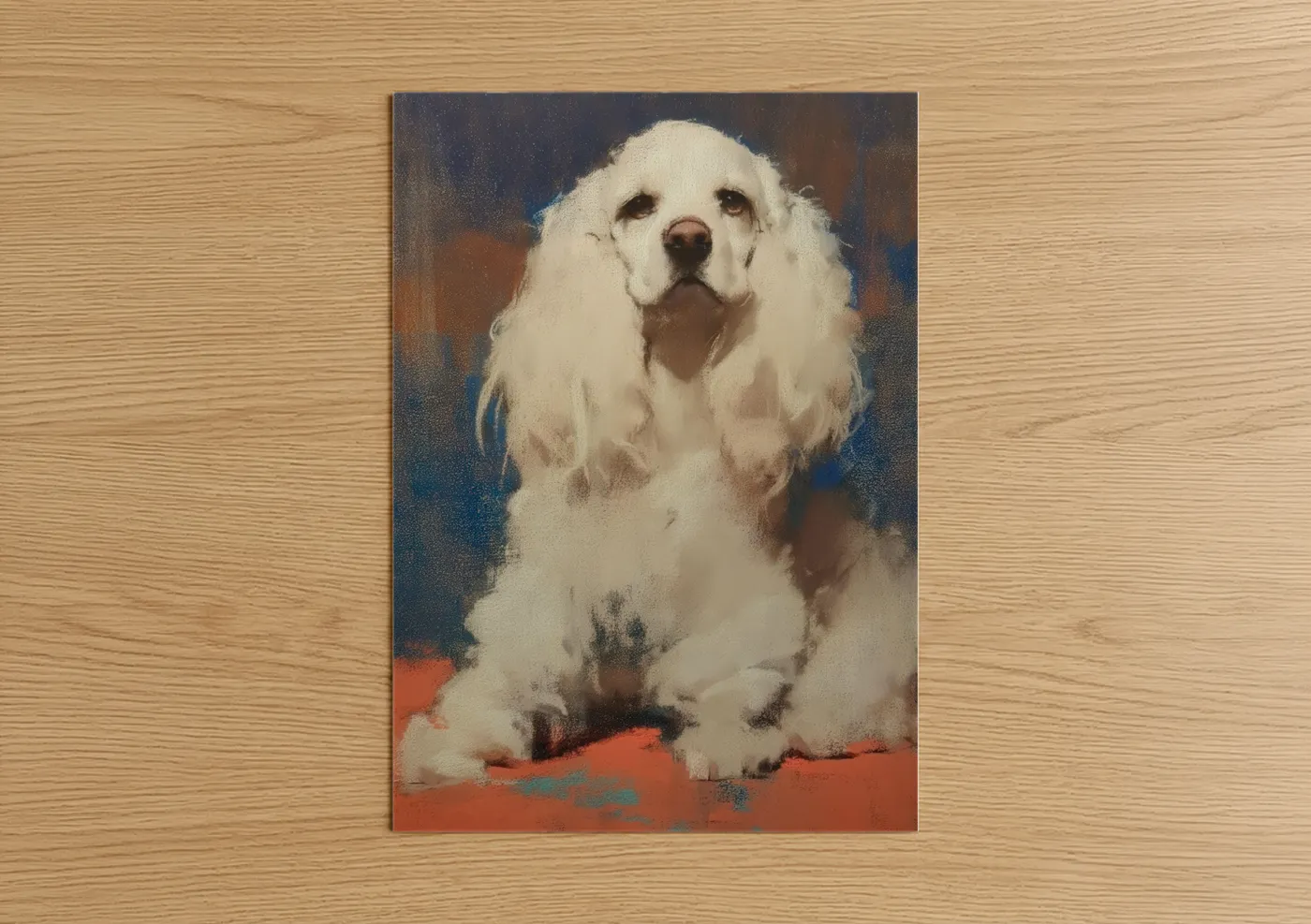 Art print on warm oak wood — white and brown palette — Contemplative Spaniel poster