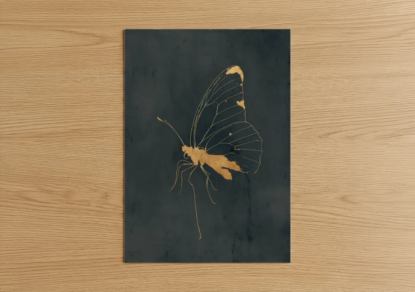 Art print on warm oak wood — gold and black palette — Golden Butterfly poster