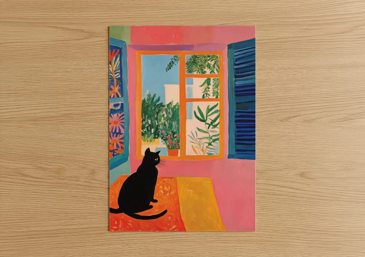 Art print on warm oak wood — orange and pink palette — Windowsill Cat poster