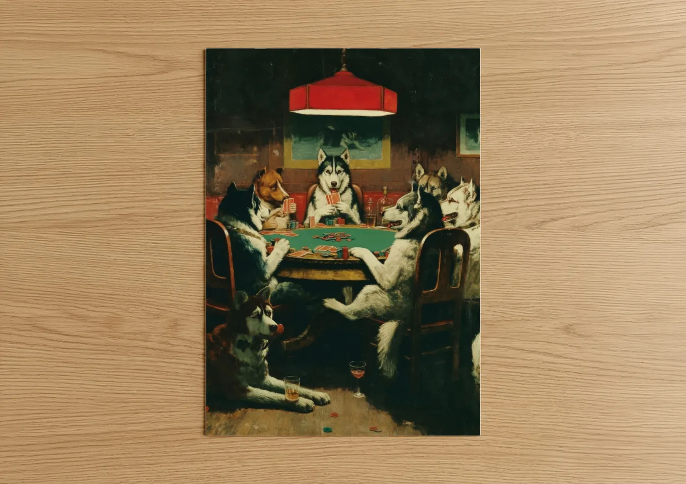 Husky art print on warm oak wood — red and dark green palette — Poker Night Huskies poster