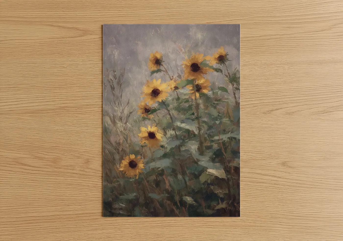 Art print on warm oak wood — gold and dove gray palette — Golden Sunflowers poster