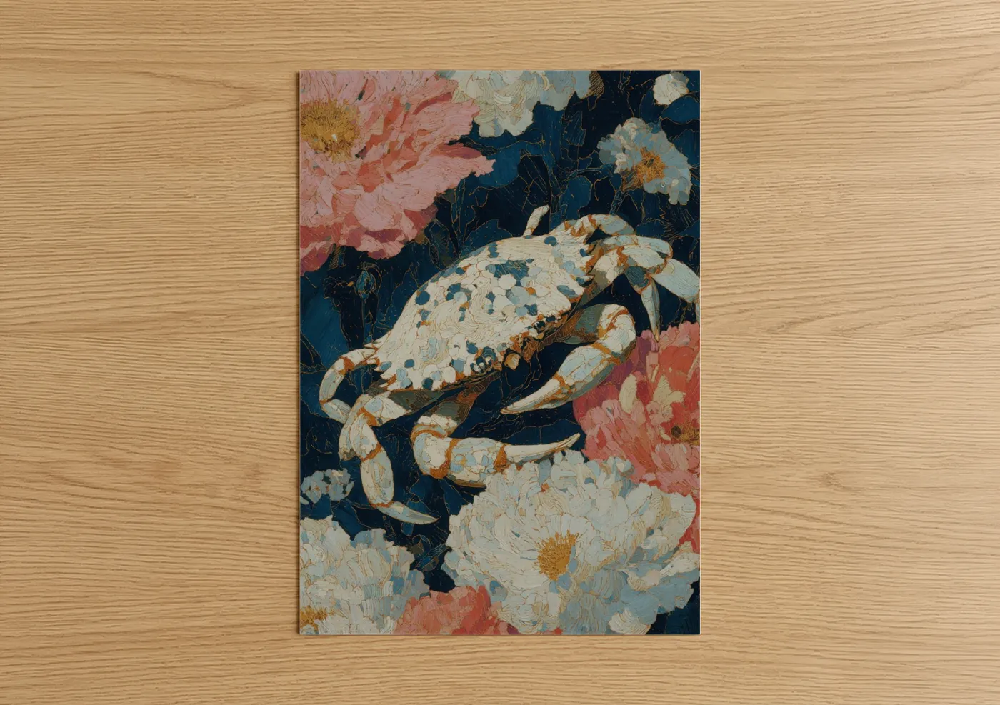 Art print on warm oak wood — dark blue and salmon pink palette — Spotted Crab Floral poster