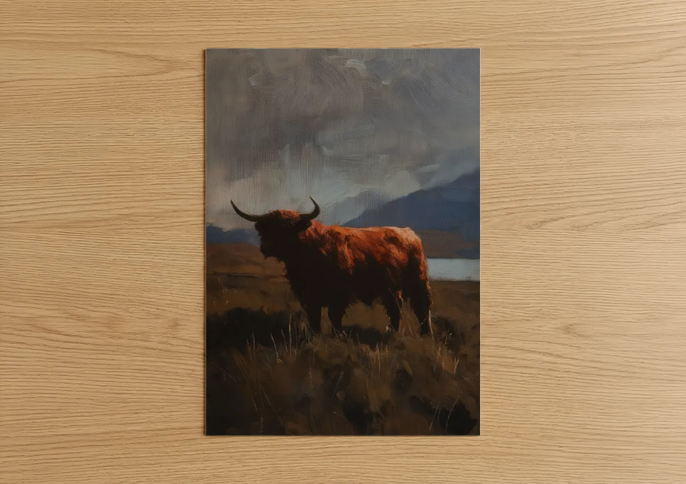 Angus cow art print on warm oak wood — russet and dove gray palette — Highland Angus Stance poster