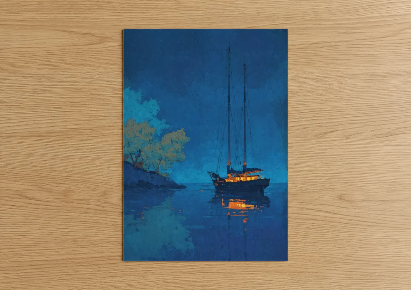 Glowing Sailboat Night Ocean Wall Art