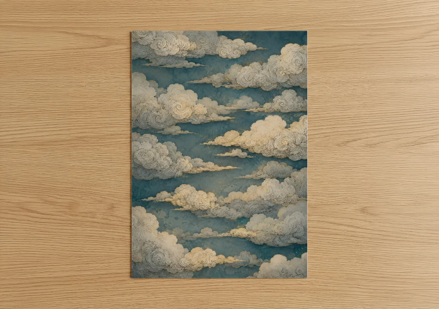 Art print on warm oak wood — blue and cream palette — Japanese Cloud Sky Wall Art poster
