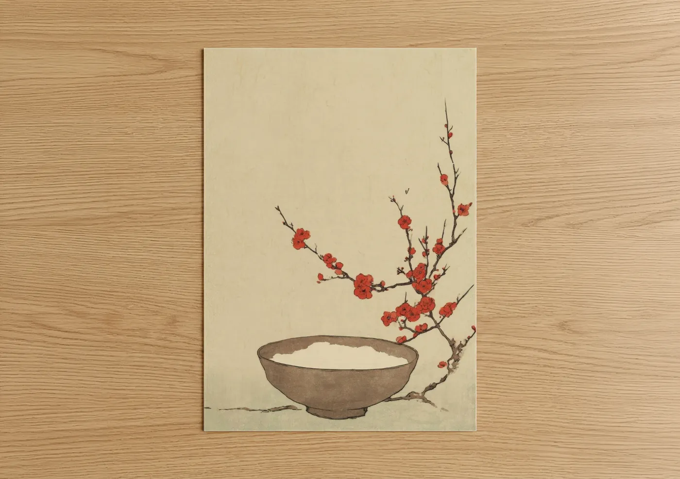 Red Blossom Branch Minimalist Breakfast Bowl Wall Art