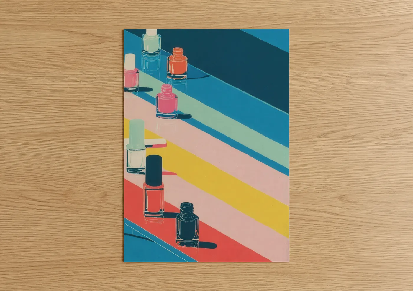 Make up art print on warm oak wood — blue and pink palette — Chromatic Nail Polish poster