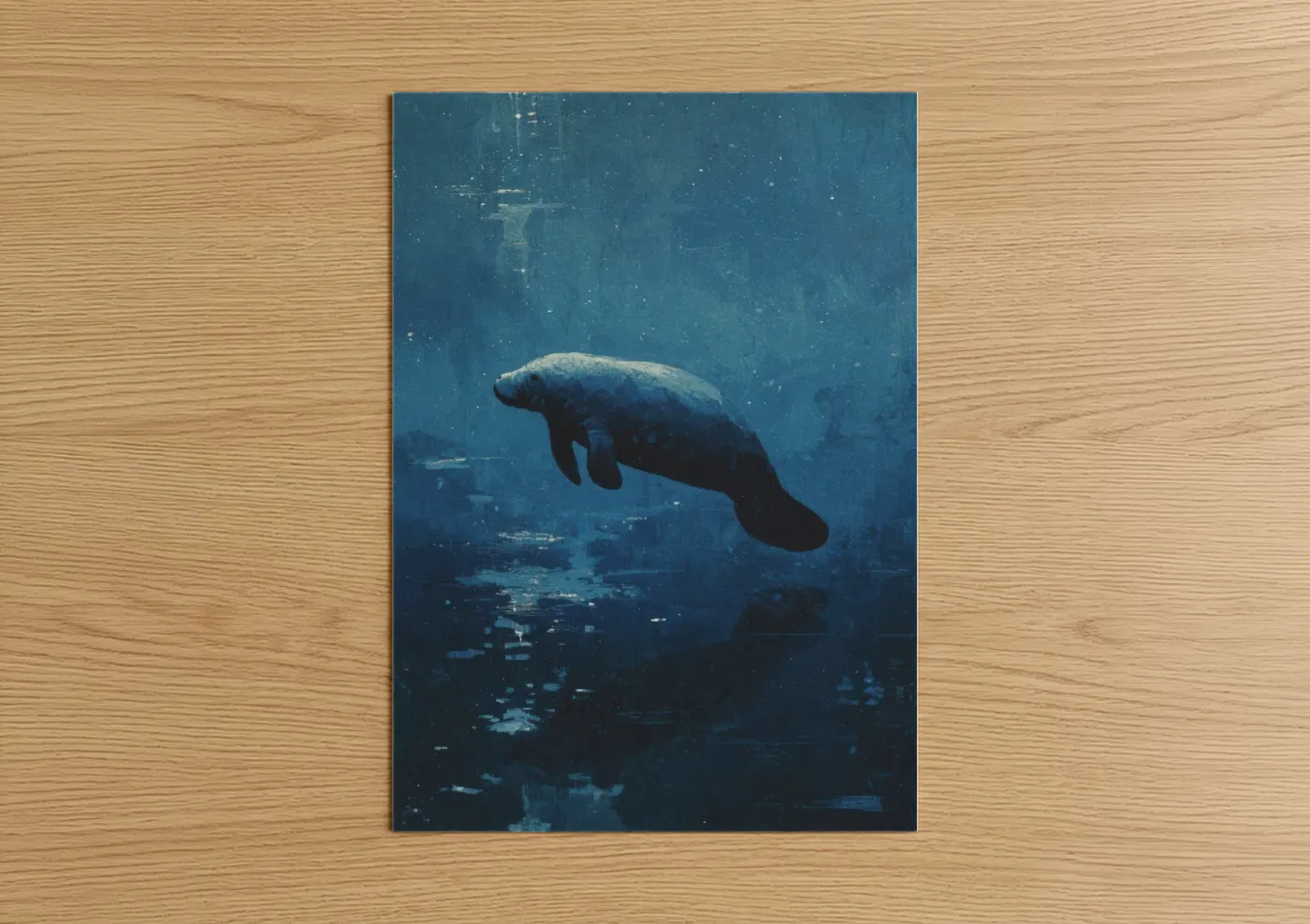 Manatees art print on warm oak wood — blue and teal palette — Deep Water Manatee poster