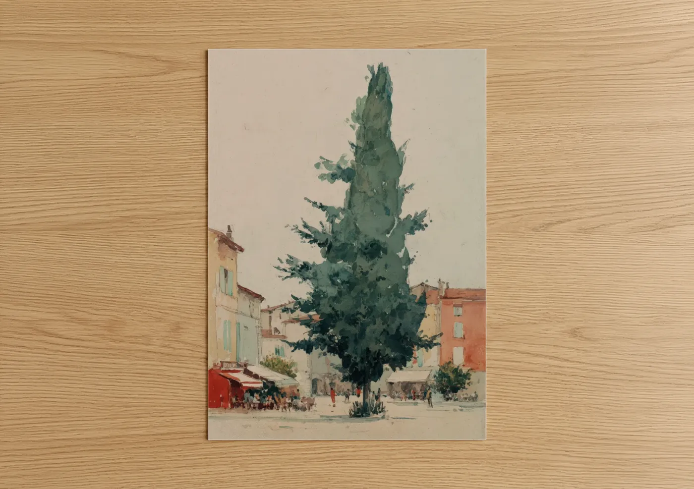 Mediterranean Cypress Town Square Watercolor Wall Art