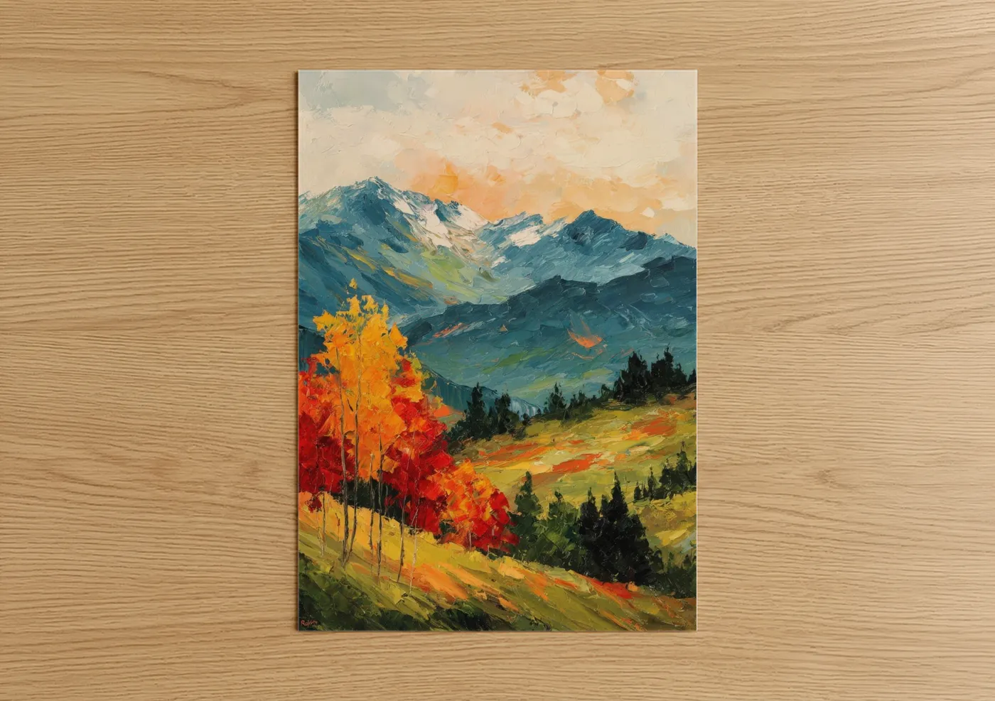 Art print on warm oak wood — gold and blue palette — Autumn Sierra Nevada poster