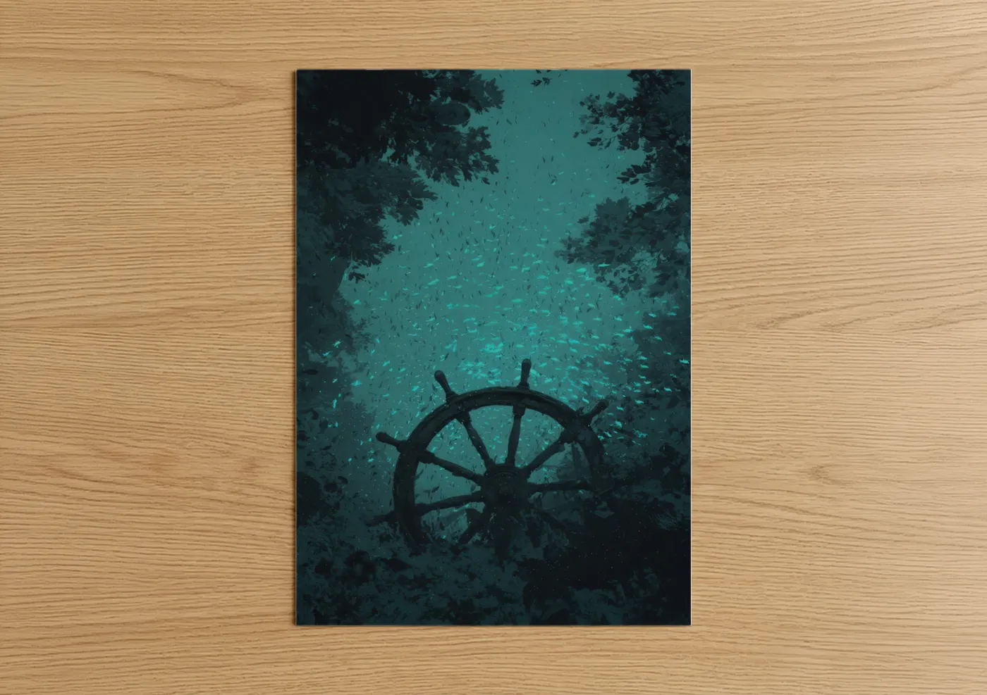 Sunken Shipwheel Underwater Nautical Wall Art