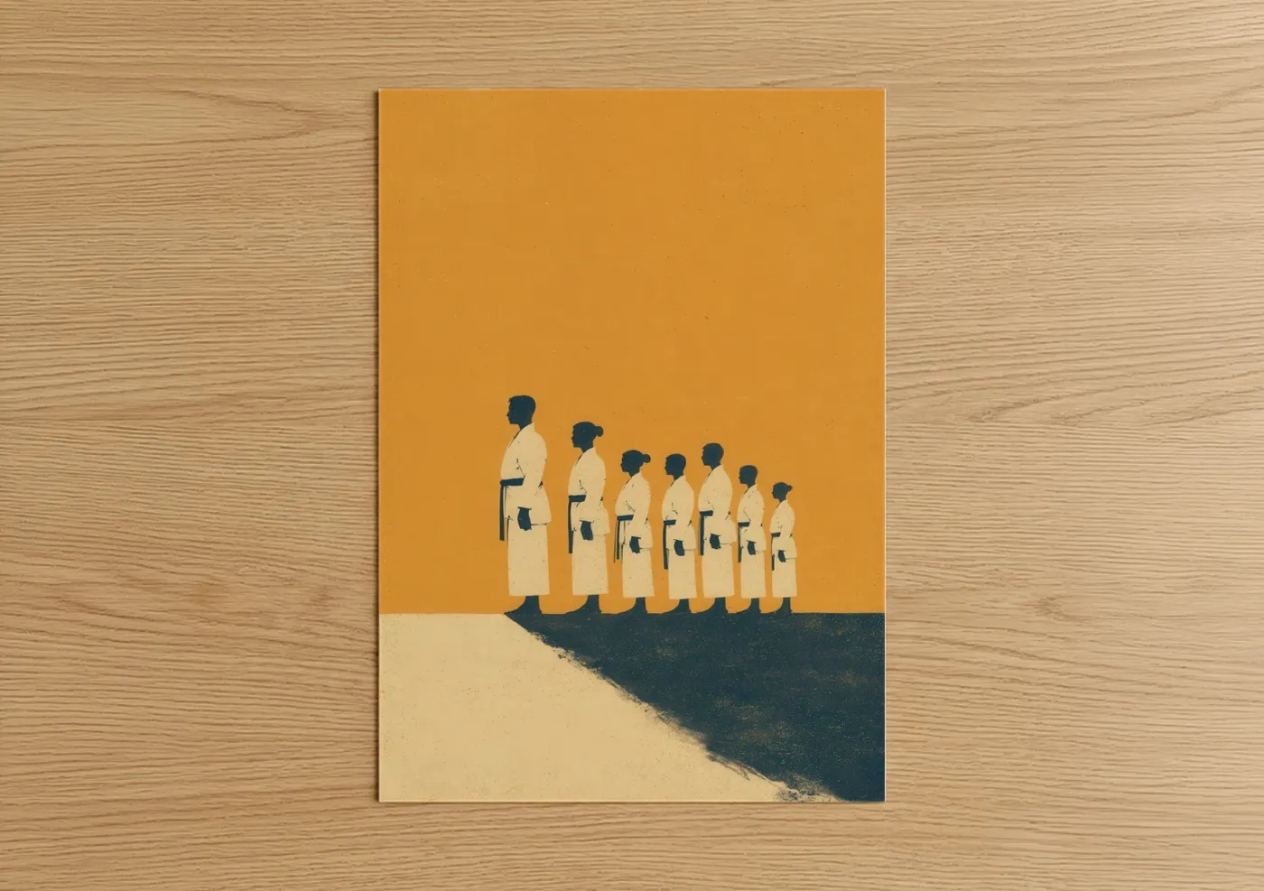 Jiu jutsu art print on warm oak wood — gold and dark blue palette — Martial Artists Unified poster