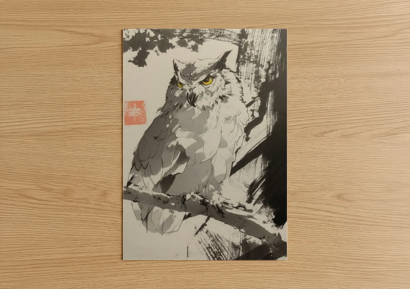 Art print on warm oak wood — black and white and gray palette — Golden-Eyed Owl poster