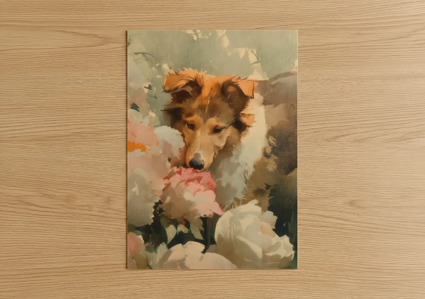 Shepherd Dog with Pink Flowers Watercolor Wall Art