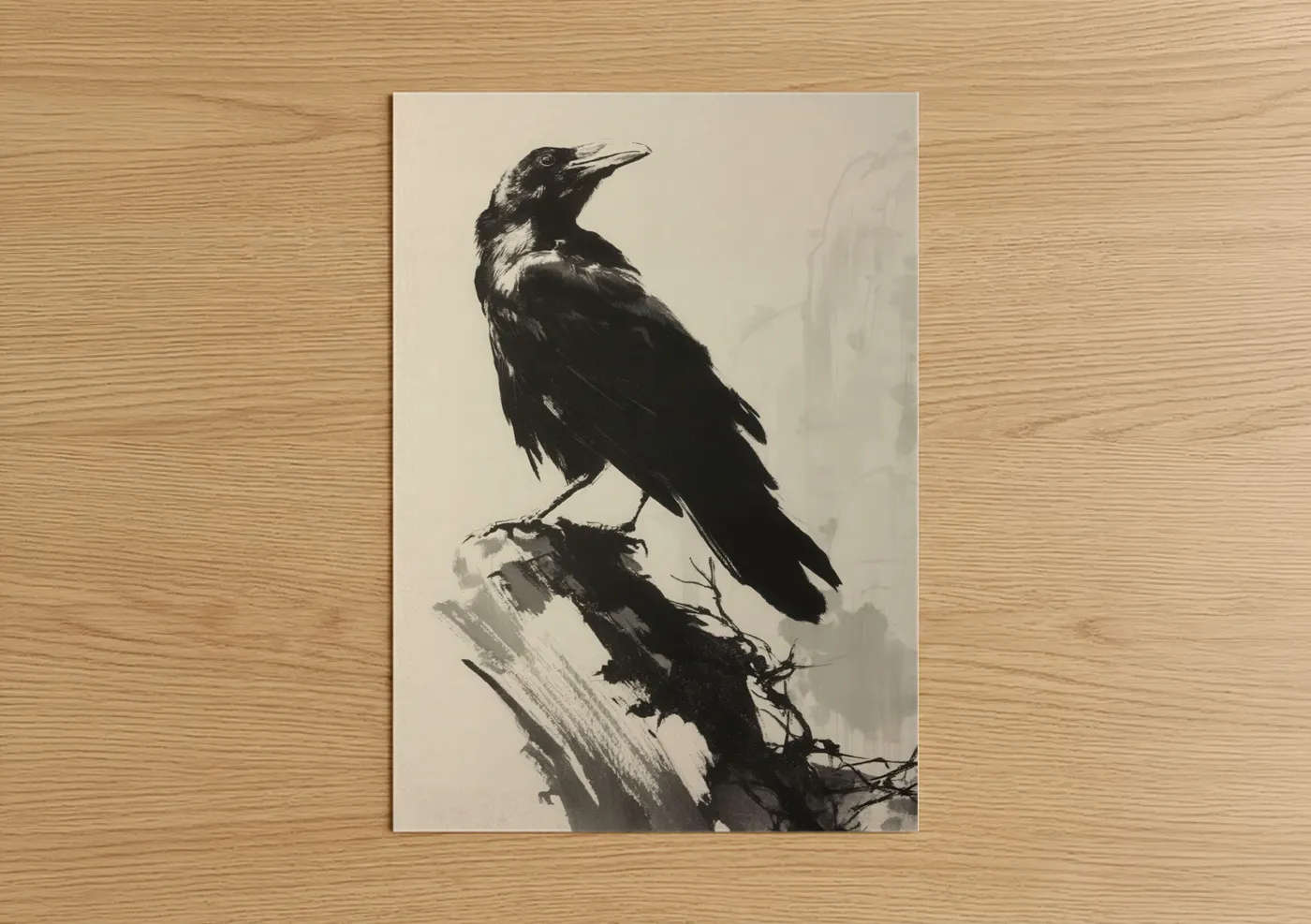 Black Raven Perched Branch Ink Drawing Wall Art