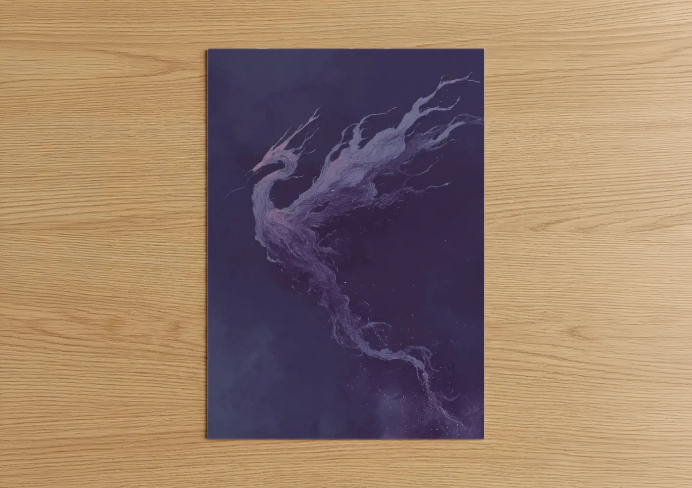 Art print on warm oak wood — purple and lavender palette — Ethereal Dragon poster