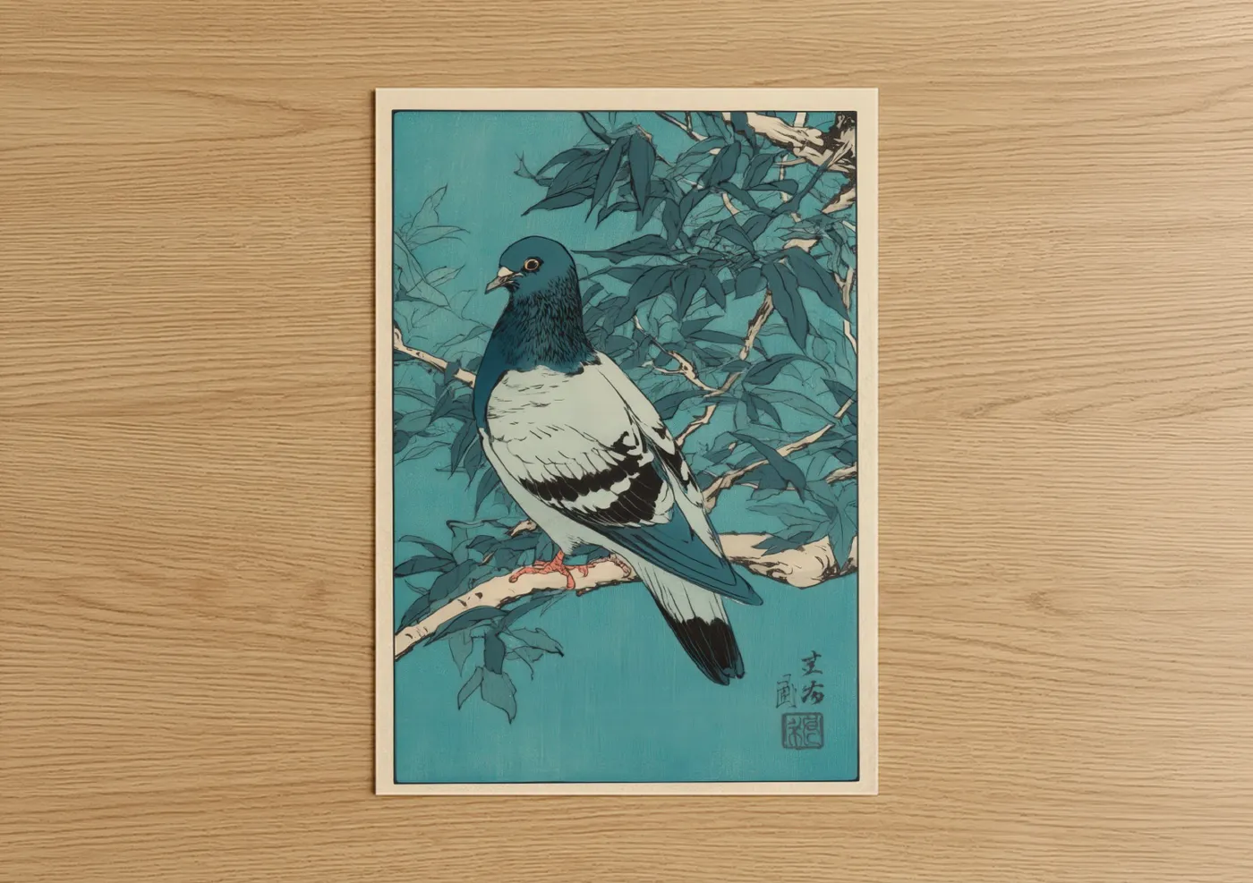 Turquoise Pigeon Japanese Woodblock Wall Art