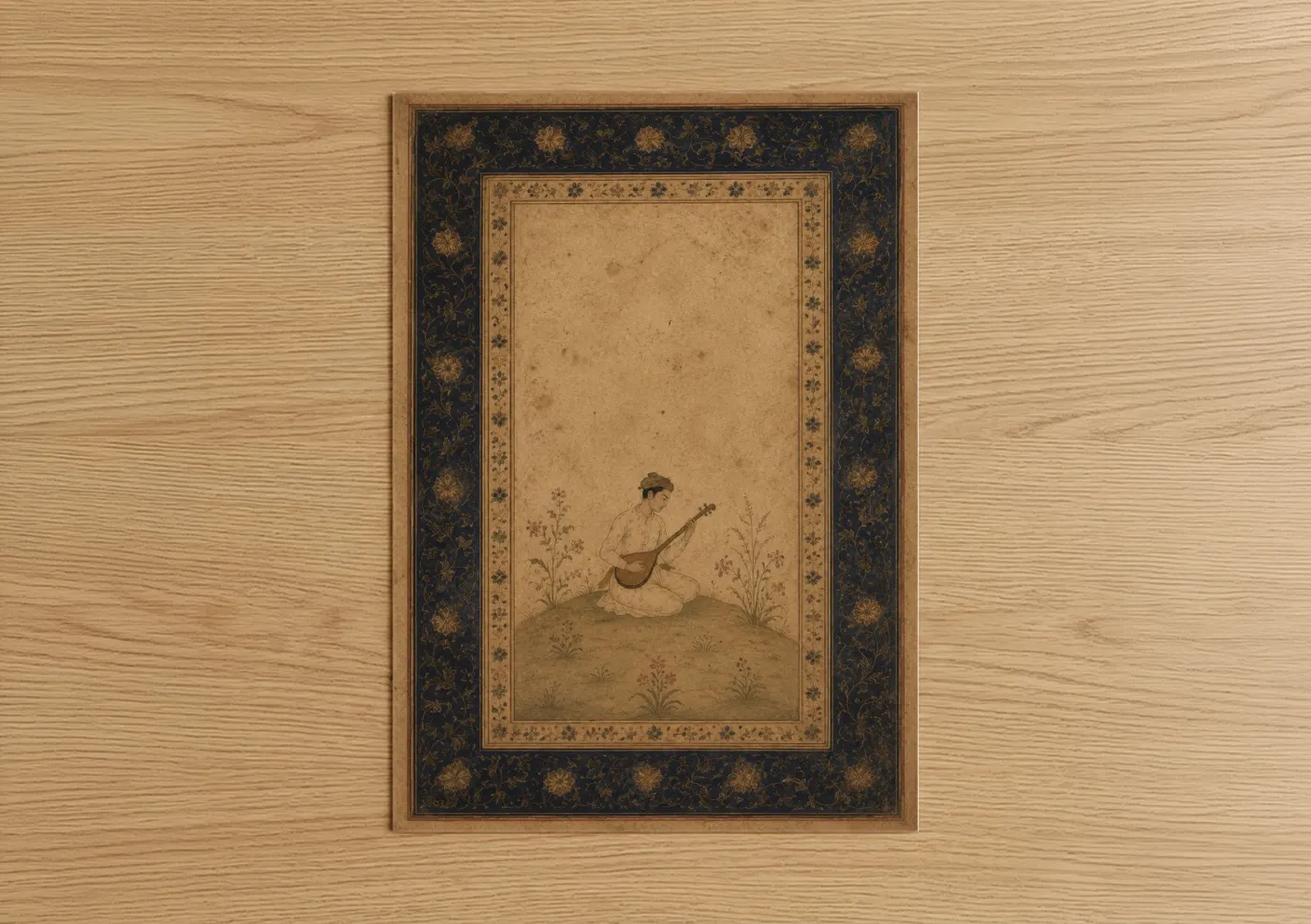 Art print on warm oak wood — beige and espresso palette — Persian Musician with Stringed Instrument Wall Art poster