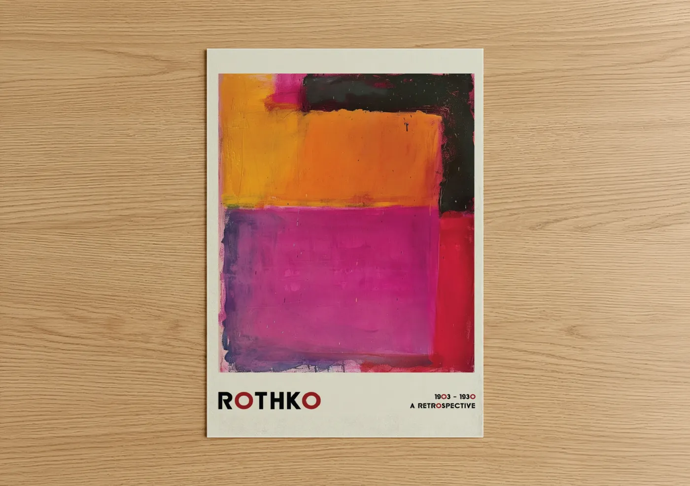 Abstract classic art print on warm oak wood — magenta and orange palette — Rothko Chromatic poster