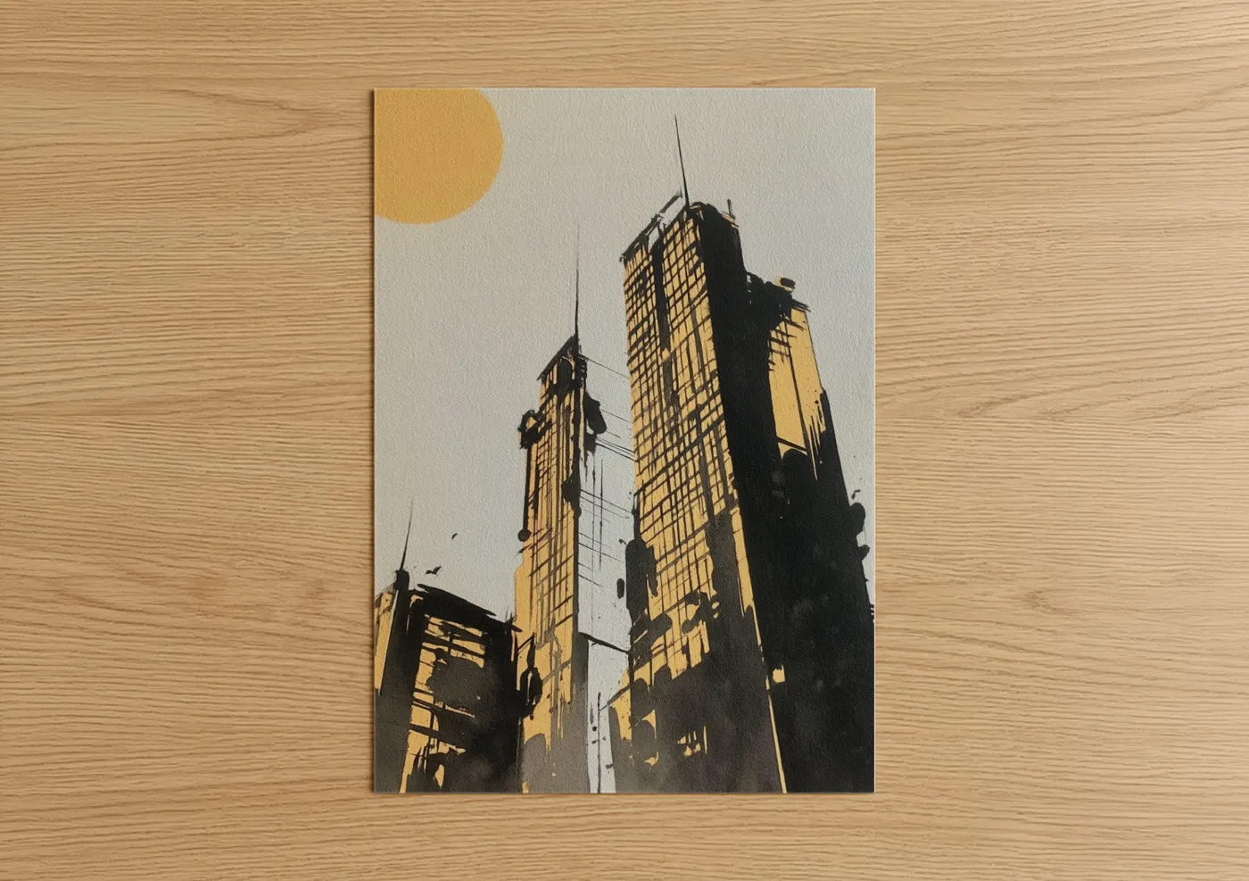 Abstract architecture art print on warm oak wood — gold and black palette — Golden Skyline poster