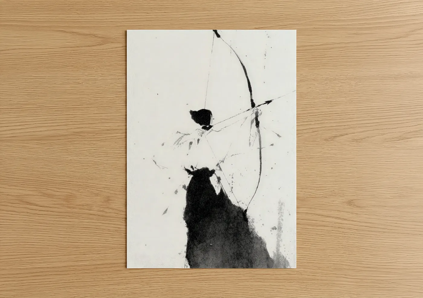 Art print on warm oak wood — black and white palette — Archery Focus poster