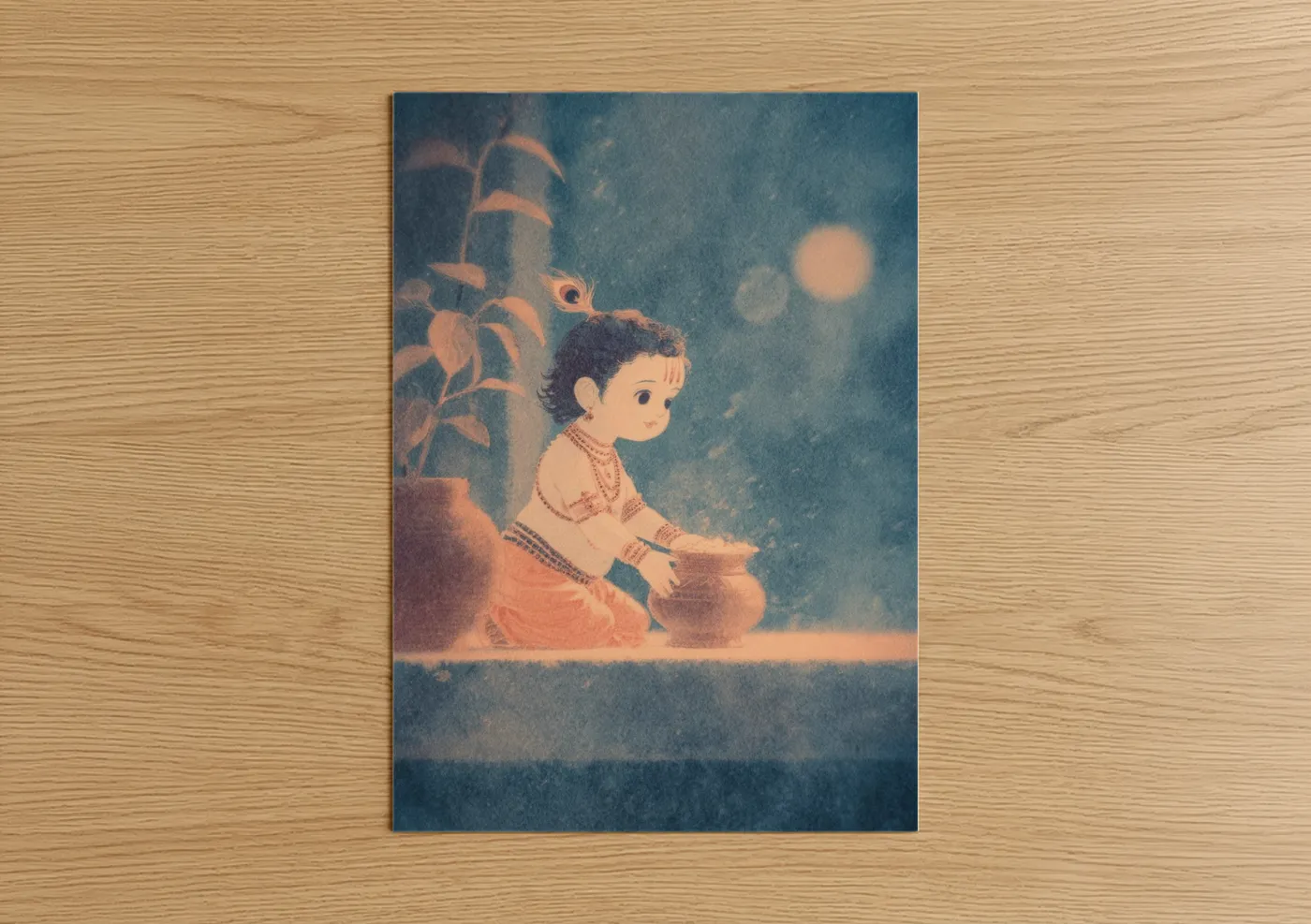 Hindu holidays art print on warm oak wood — teal and peach palette — Child's Prayer Ritual poster
