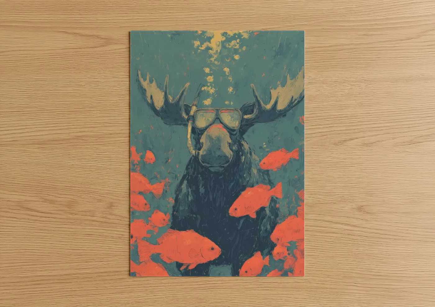 Art print on warm oak wood — teal and orange palette — Diving Moose poster